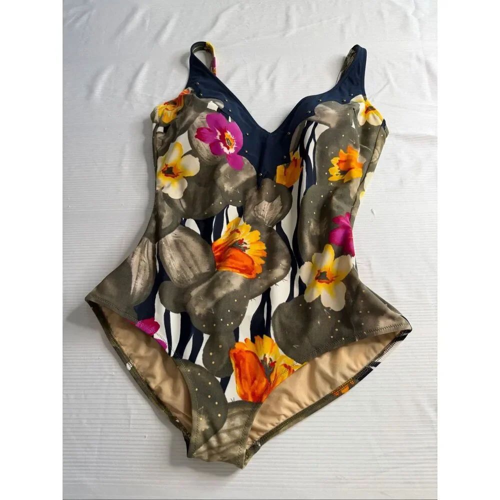Gottex Women’s One Piece Swimsuit Floral Studded V Neck Tummy Control Size 16